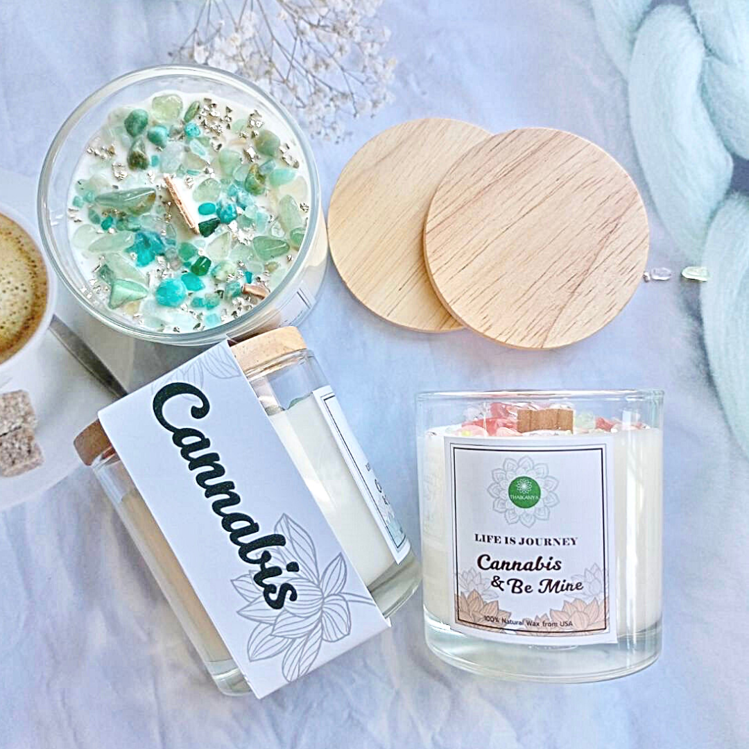 CANNABIS SCENTED ORGANIC CANDLE & ELEMENTAL STONES by BIRTH MONTH