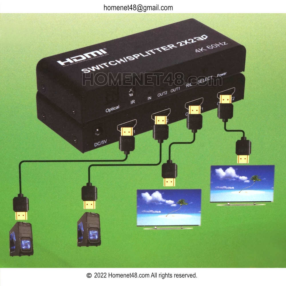 ภาพแผนผังลักษณะการเชื่อมต่อ HDMI 2.0 Switch Splitter 4K@60Hz 2x2 (เข้า 2 ออก 2) มีรีโมท