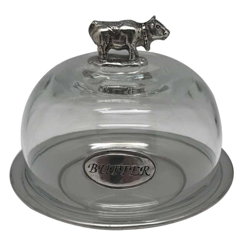 Pewter Butter Dish w/Glass Lid Cow Knob pewtersmiths