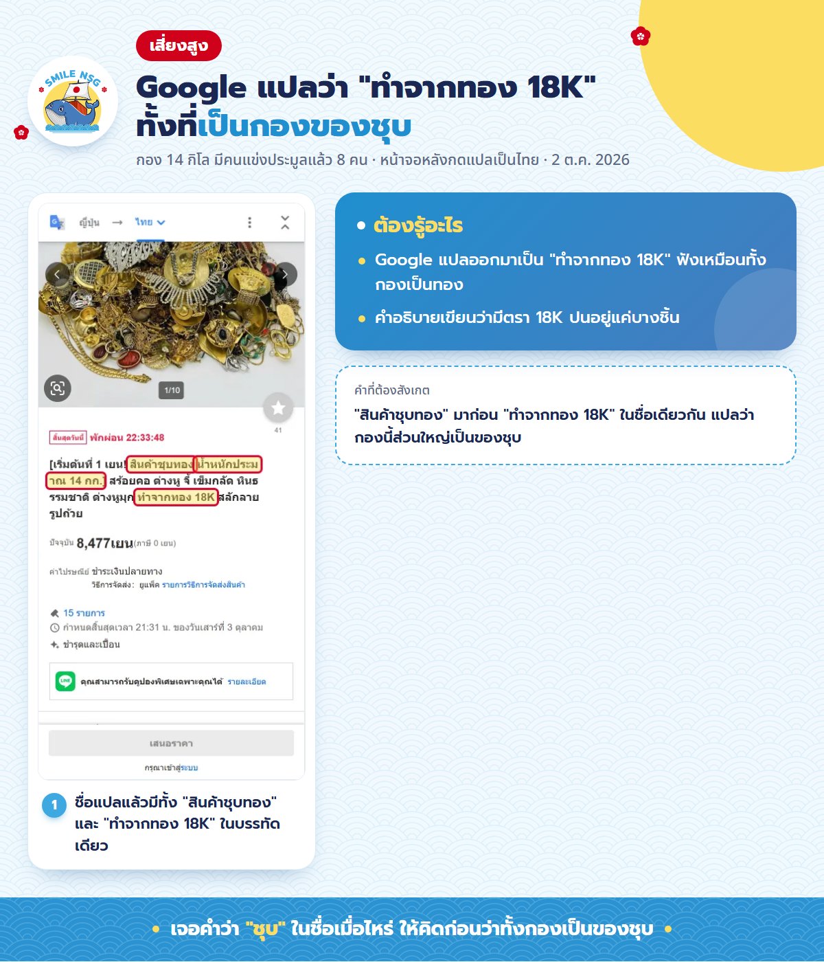 ภาพหน้าจอกองเครื่องประดับ 14 กิโลที่แปลเป็นไทย ไฮไลต์คำว่า สินค้าชุบทอง และ ทำจากทอง 18K