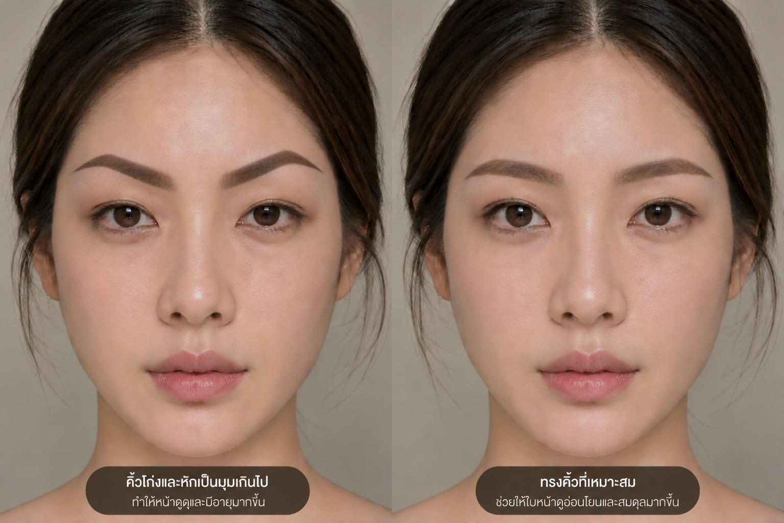 High arched eyebrow tattoo compared with a softer brow shape, showing how a sharp arch can make the face look older and more serious