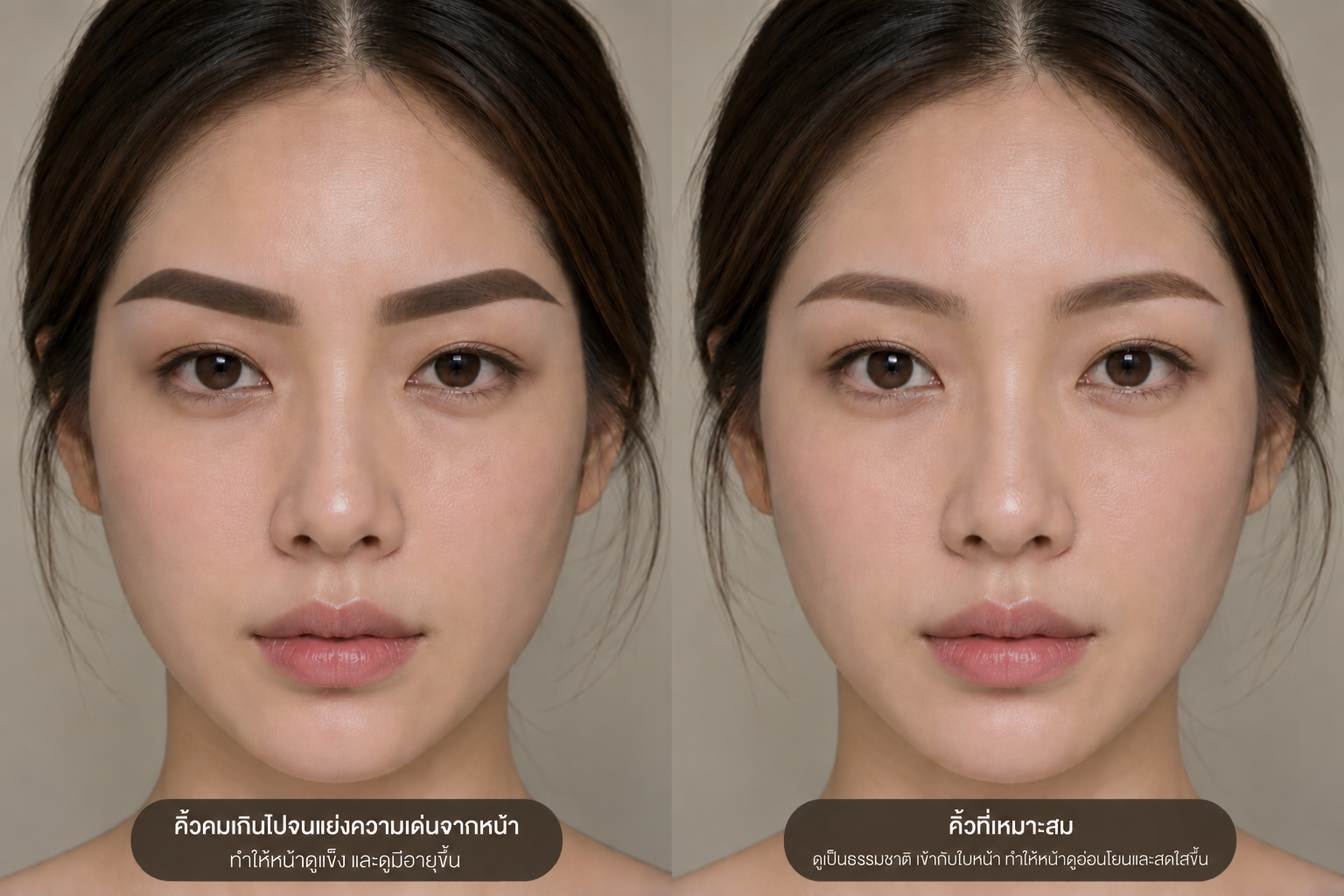Overly sharp and dark eyebrow tattoo compared with softer natural brows, showing how strong brows can overpower the face