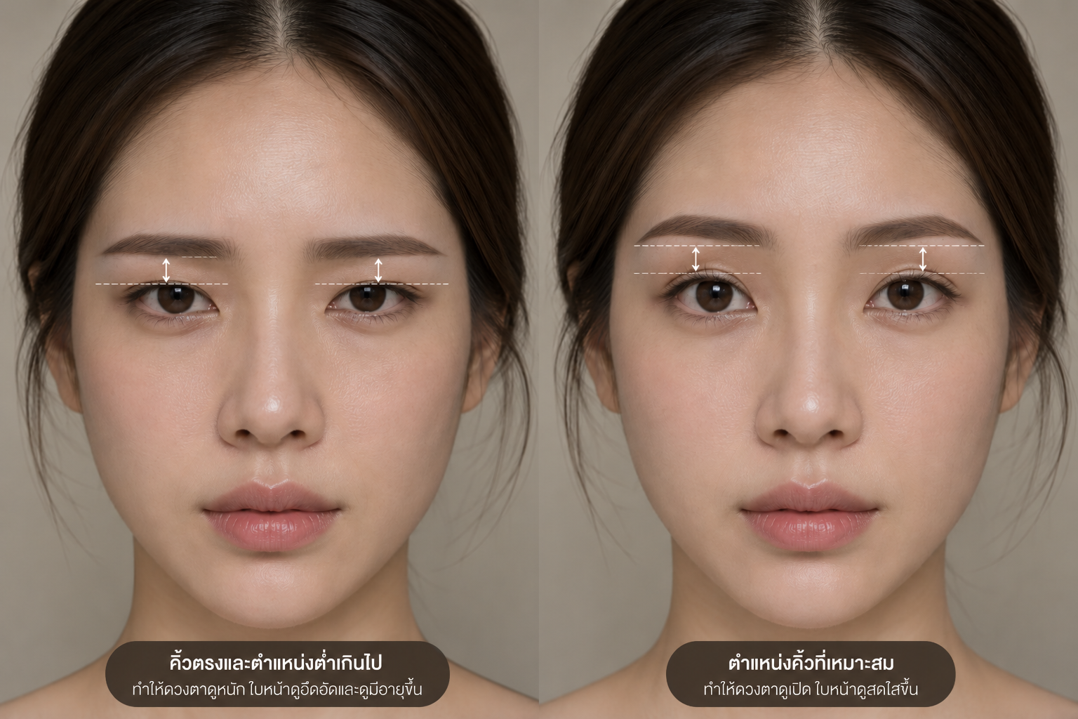 Low straight eyebrow tattoo compared with a balanced brow position, showing how low brows can make the eyes and face look heavier