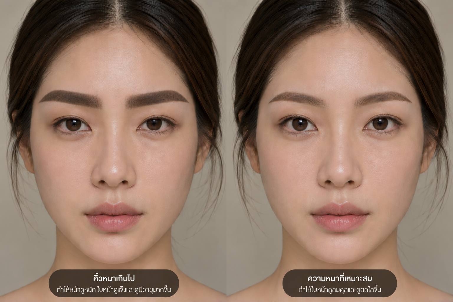 Eyebrow tattoo that is too thick compared with a more balanced brow thickness that suits the eyes and face shape