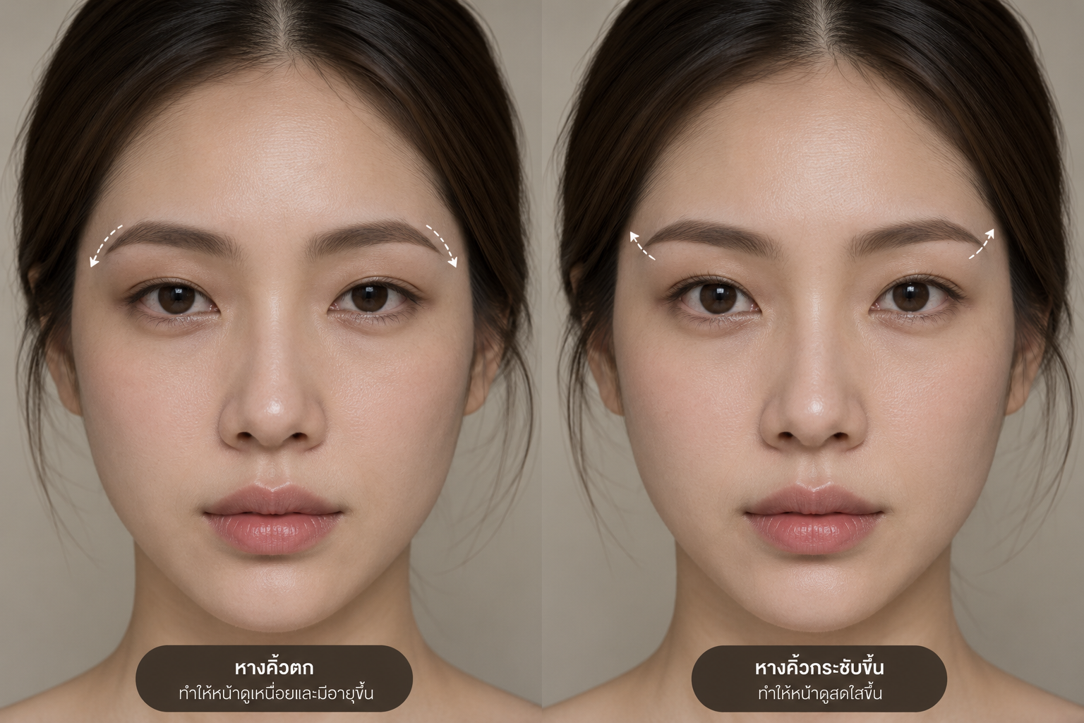 Eyebrow tattoo with low brow tails compared with a balanced brow shape that helps the face look fresher and less tired