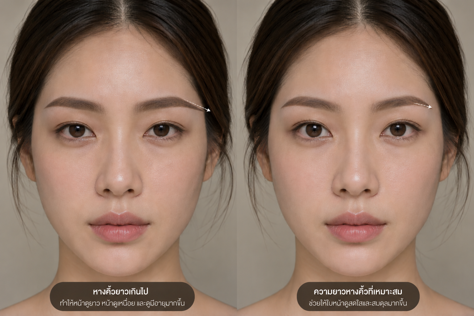 Eyebrow tattoo with overly long brow tails compared with a balanced brow length that better suits the face shape