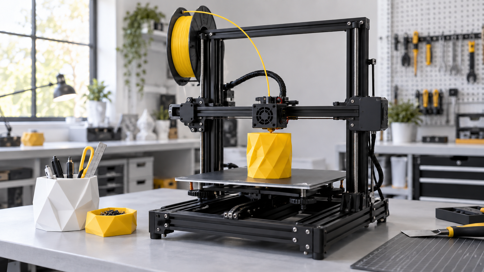 เครื่องพิมพ์ 3D โครงเปิดกำลังพิมพ์ที่ใส่ดินสอสีเหลืองในห้องทำงาน
