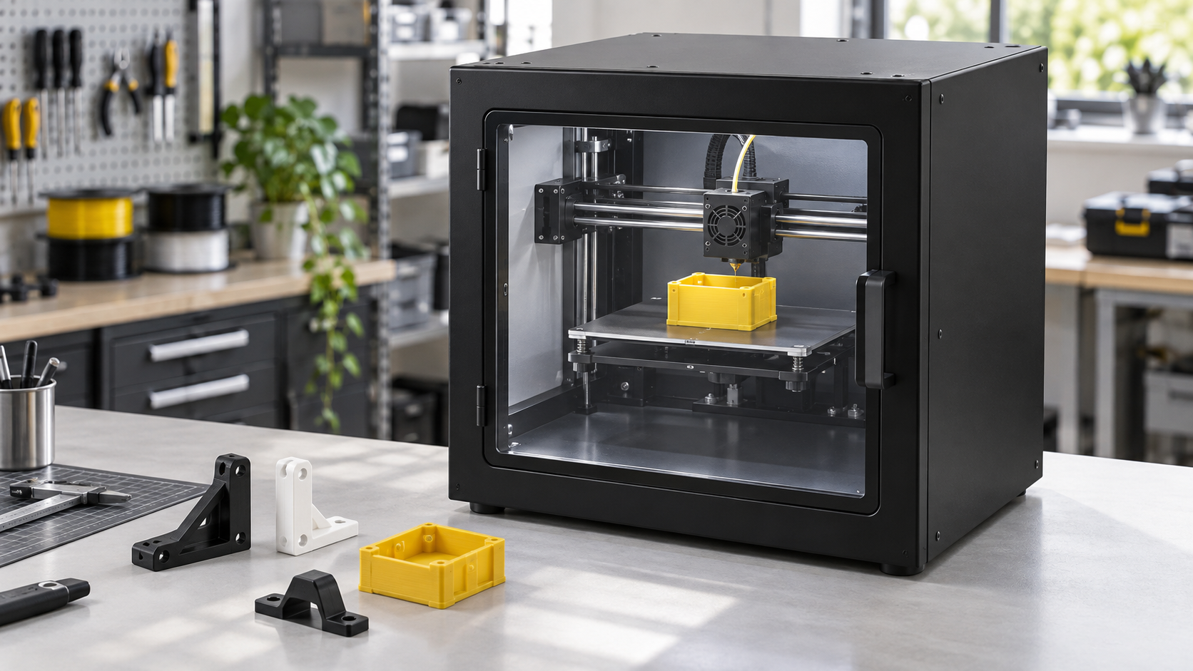เครื่องพิมพ์ 3D แบบปิดมีประตูใสและกำลังพิมพ์กล่องอุปกรณ์สีเหลือง