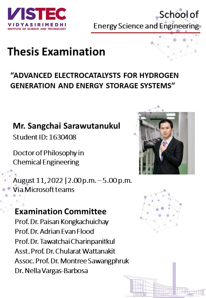 Thesis Defense Examinations On 11 August 2022 (Thursday) School of Energy Science and Engineering will hold Thesis Examination for Mr. Sangchai Sarawutanukul, Ph.D. Student (Doctor of Philosophy in Chemical Engineering)