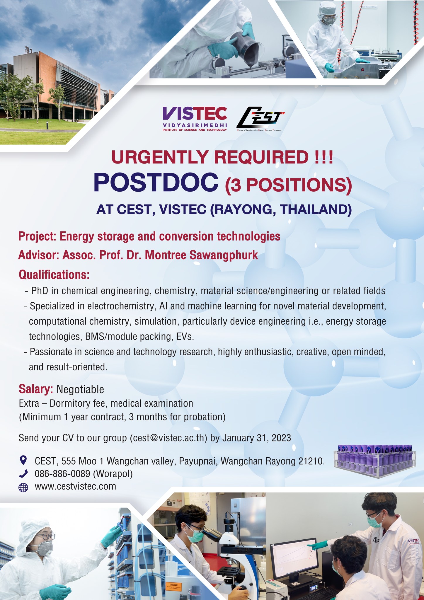 Apply now for 3 Postdoc positions at CEST, VISTEC (Rayong, Thailand)