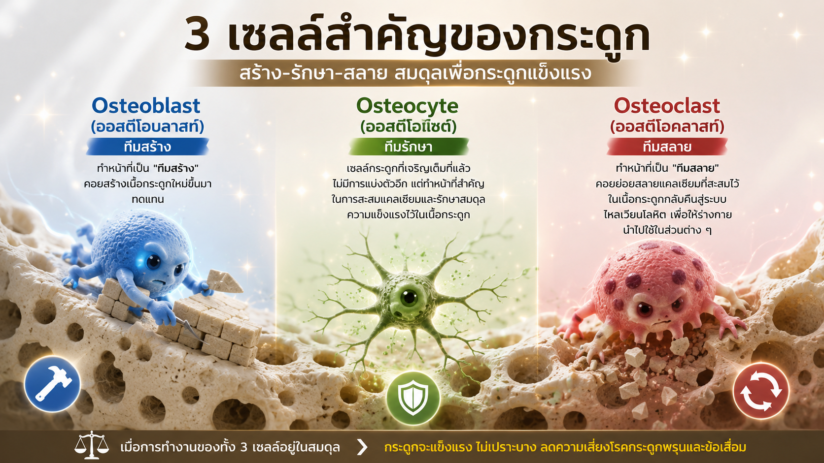 3 เซลล์สำคัญของกระดูก สร้าง-รักษา-สลาย Osteoblast Osteocyte Osteoclast