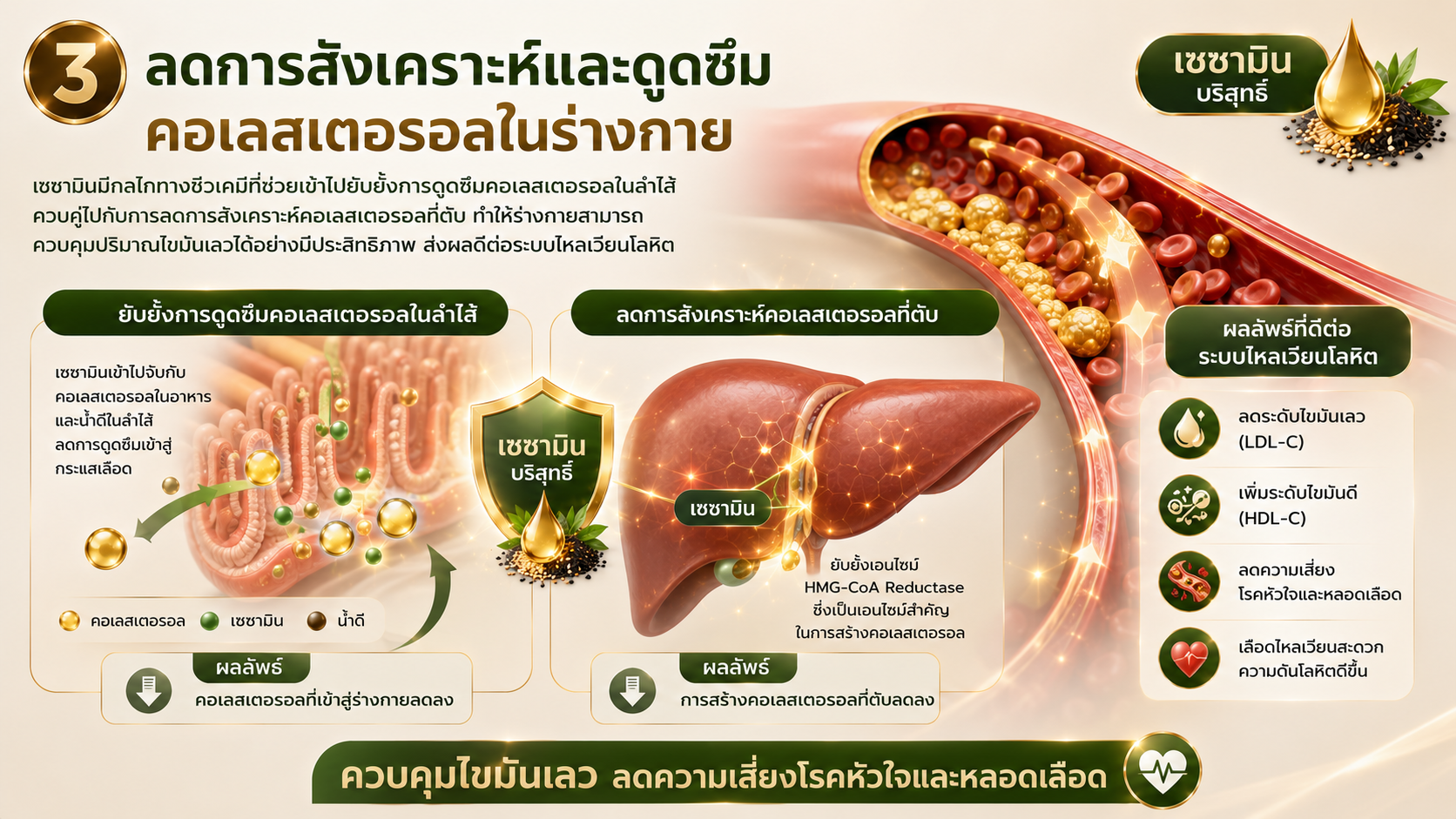 ประโยชน์เซซามิน ลดการสังเคราะห์และดูดซึมคอเลสเตอรอล เอมมูร่า เซซามิน