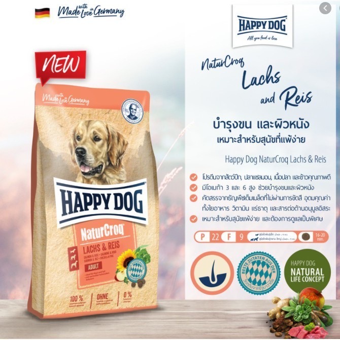 HAPPY DOG NaturCroq Rind & Reis อาหารสุนัขโต สูตรเนื้อวัว เนื้อสัตว์ปีก เนื้อปลา และข้าวคุณภาพดี 1 Kg.