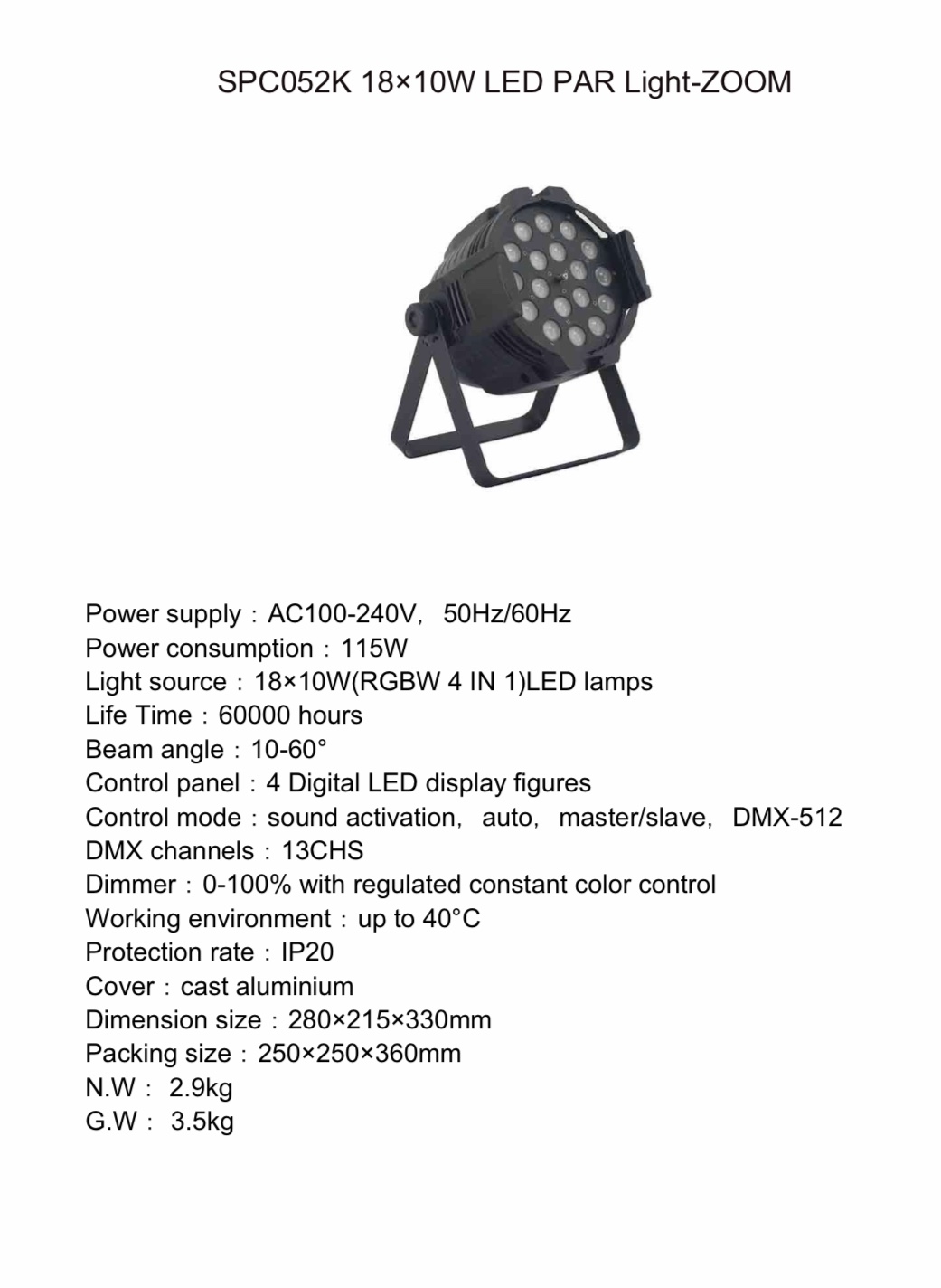 PAR LED SPC052K 18x10w ZOOM