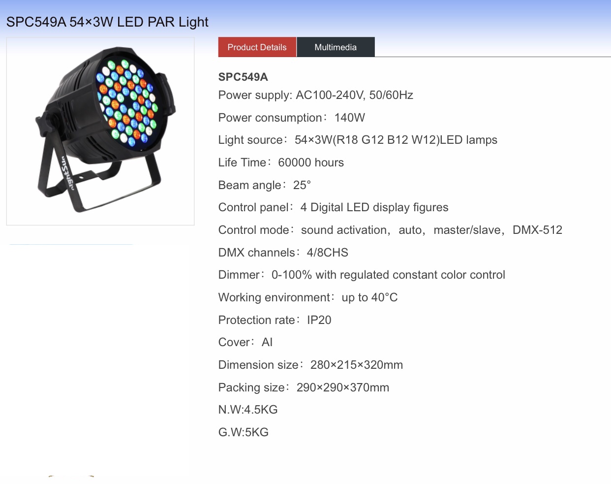 PAR LED 54x3w RGBW SPC549 A