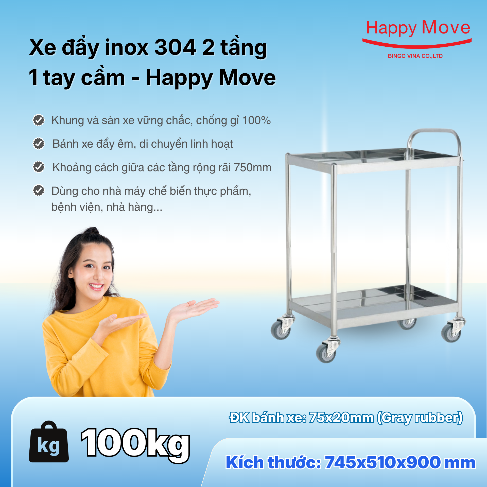 Xe đẩy inox 304 2 tầng - Happy Move