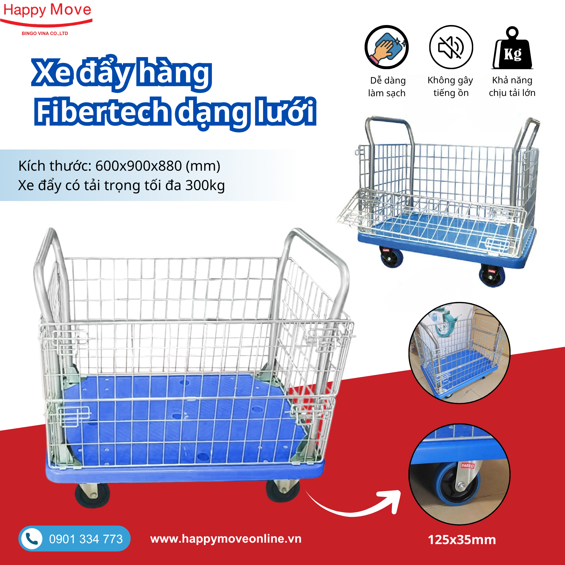 Xe đẩy hàng sàn nhựa lồng lưới - Happy Move