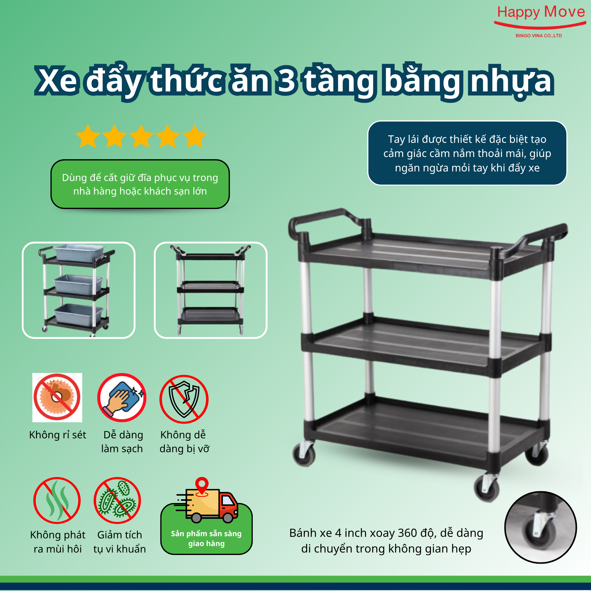 Xe đẩy thức ăn 3 tầng - Happy Move