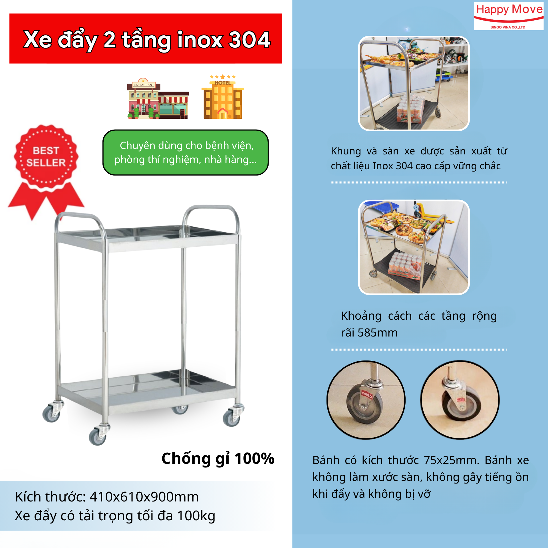Xe đẩy hàng inox 2 tầng - Happy Move
