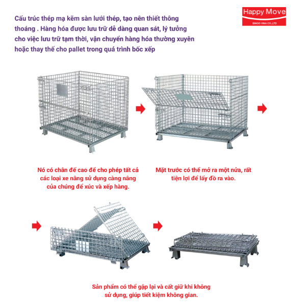 Lồng lưới thép trữ hàng gấp gọn, xếp chồng