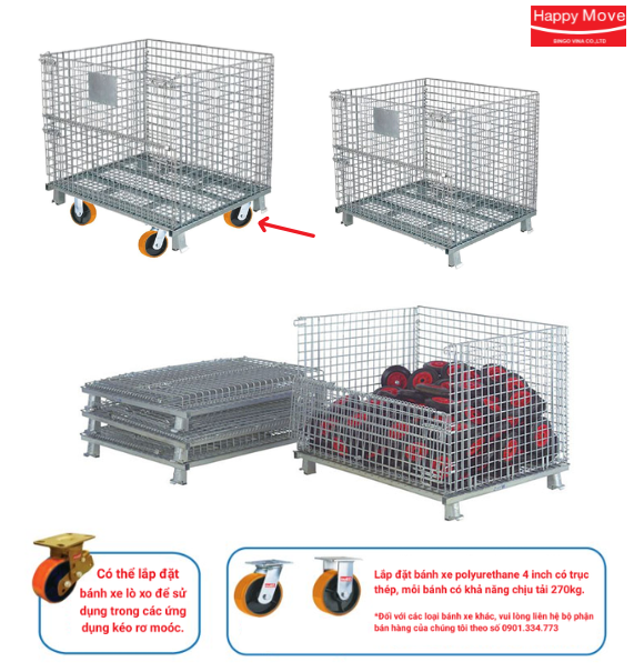 Lồng lưới thép trữ hàng gấp gọn, xếp chồng