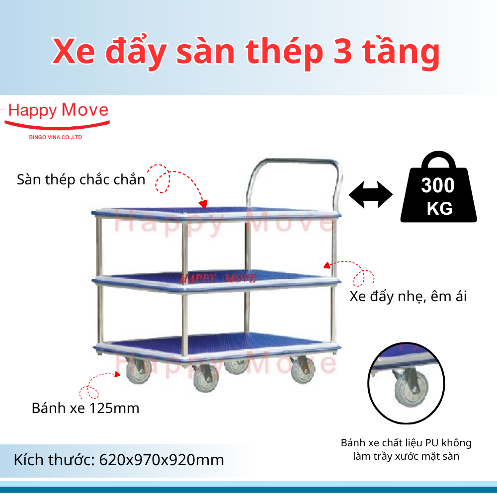 Xe đẩy sàn thép 3 tầng