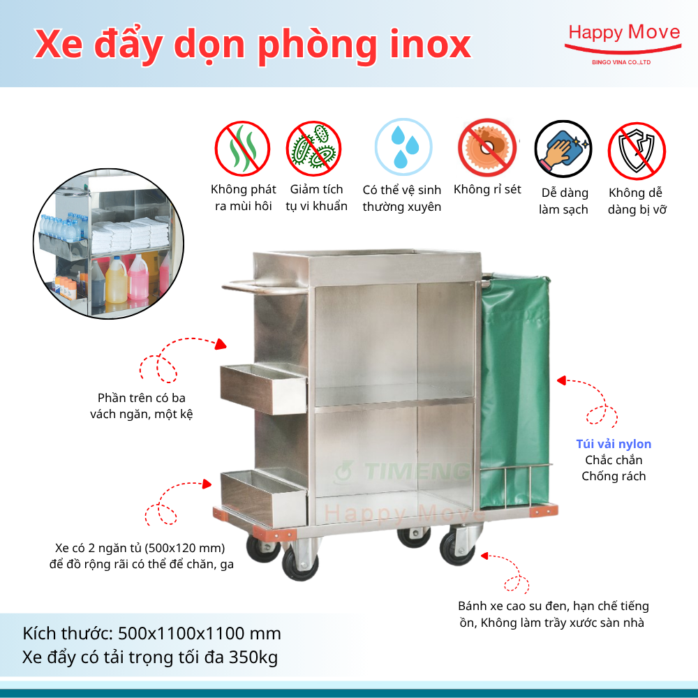 Xe đẩy dọn phong inox - Happy Move
