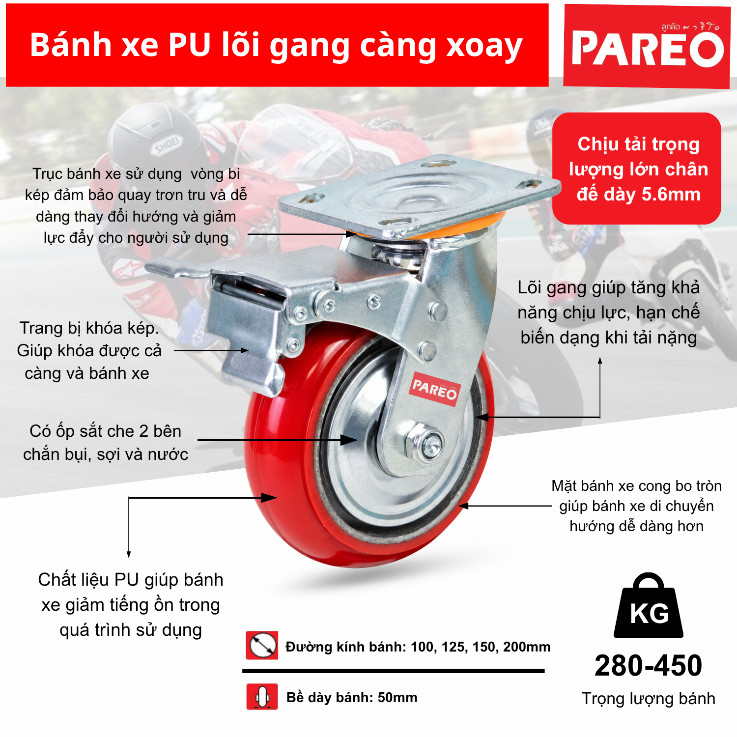 Bánh xe đẩy pu lõi gang