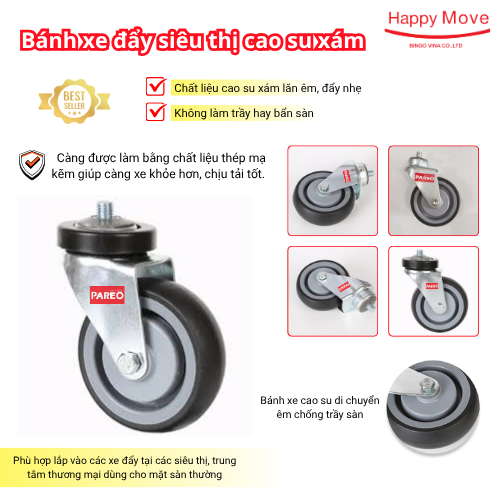 Bánh xe đẩy siêu thị cao su xám - Pareo