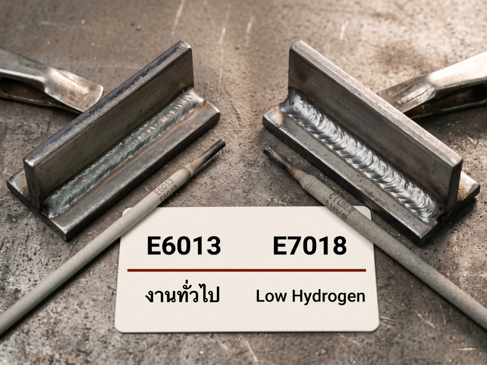 ลวด E6013 และ E7018 วางคู่กับแนวเชื่อมตัวอย่างเพื่อเปรียบเทียบการเลือกใช้งาน