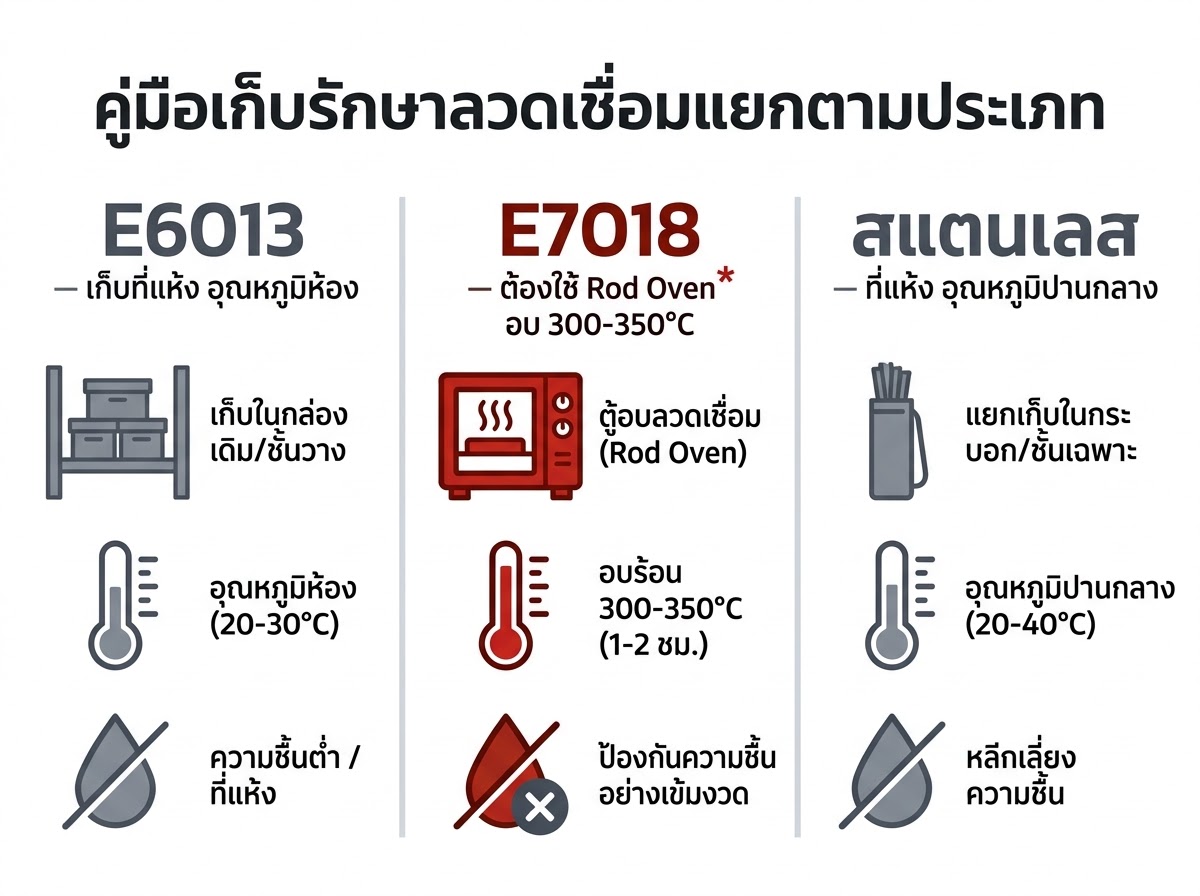 คู่มือเก็บรักษาลวดเชื่อมแยกตามประเภท E6013 E7018 สแตนเลส
