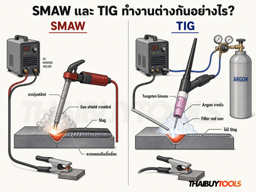 แผนภาพอุปกรณ์และการทำงานของ SMAW เทียบกับ TIG