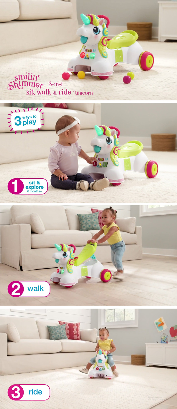 smilin shimmer 3 in 1 sit walk and ride unicorn