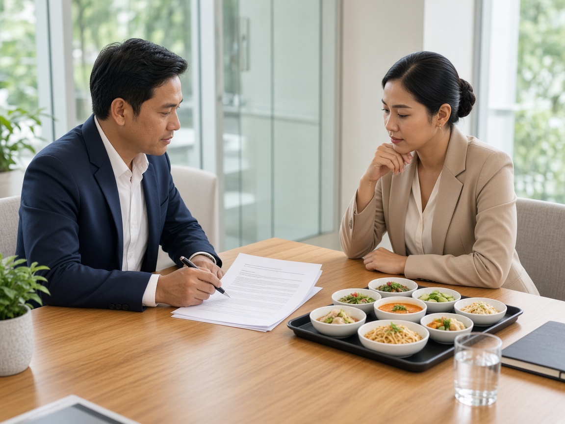 Two professionals reviewing a contract draft and tasting sample Thai dishes at a meeting table (illustration)
