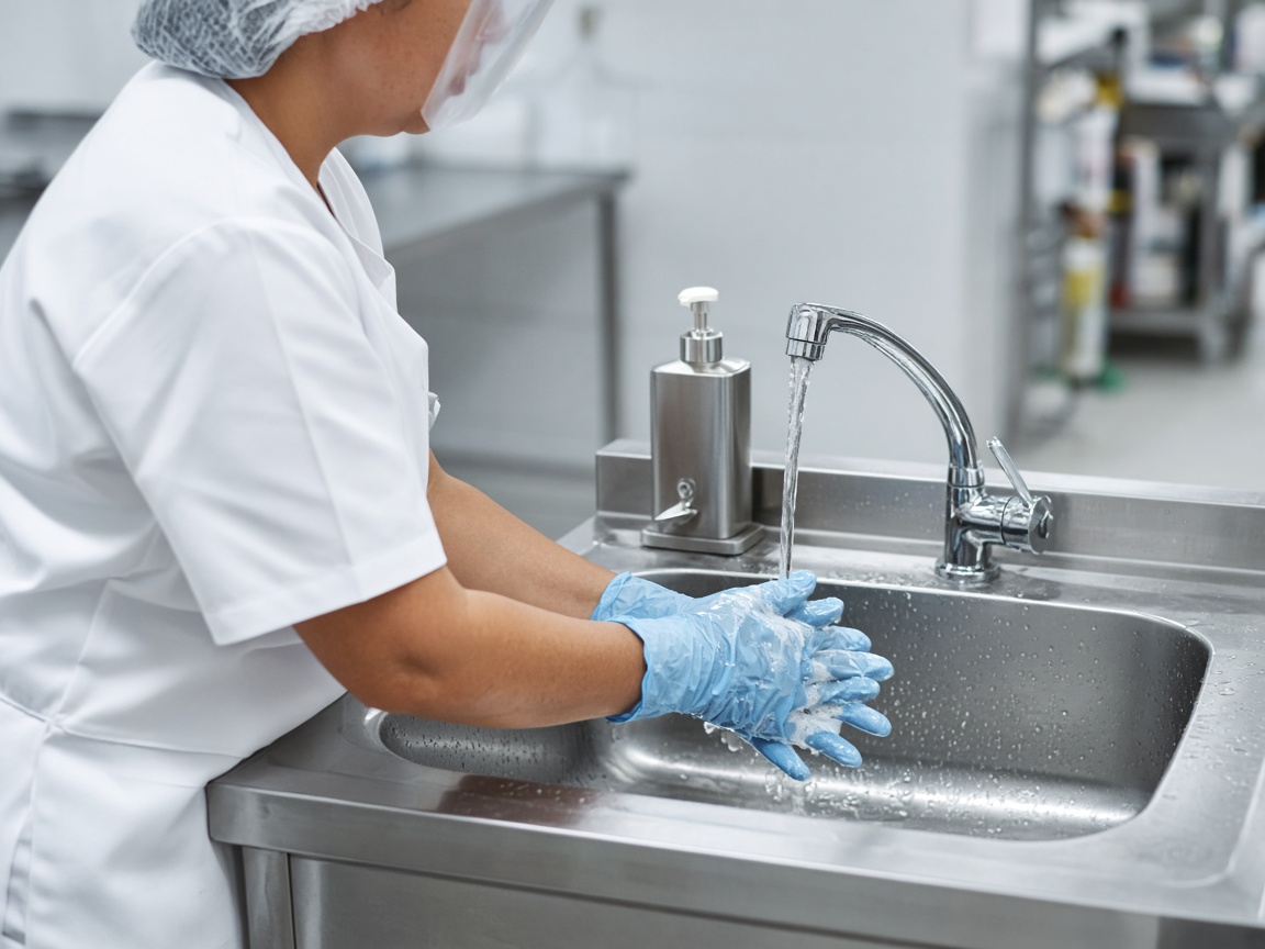 Food handler washing gloved hands at a stainless steel hand-wash sink with soap (illustration)