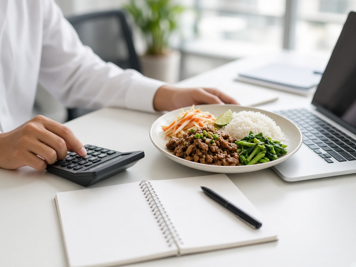 HR planner using a calculator to plan a monthly staff meal budget next to a Thai lunch plate
