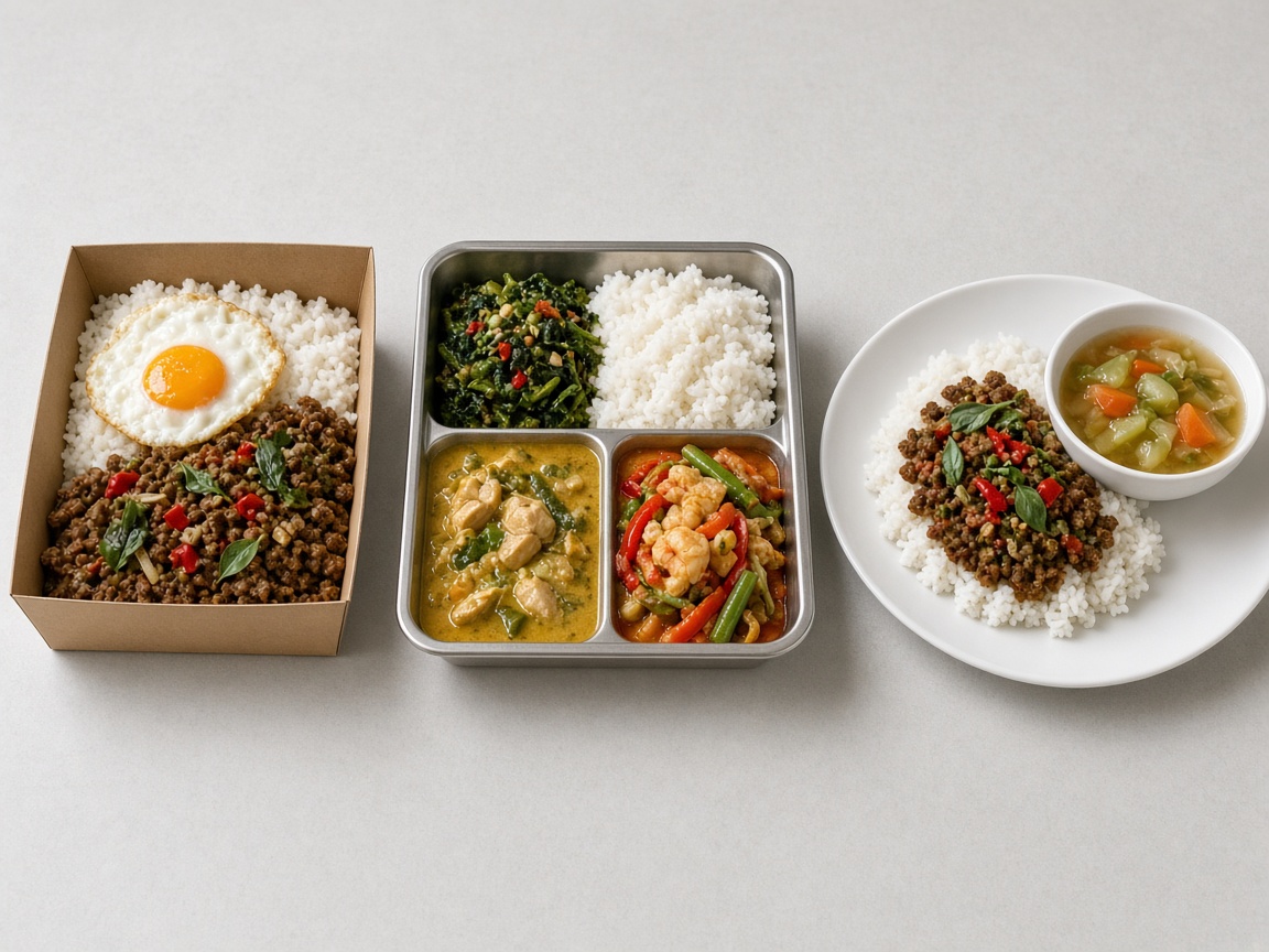 Three staff meal formats compared: a meal box, a buffet tray and a plated rice dish with soup