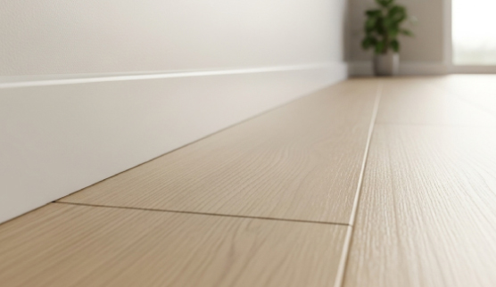 บัวเชิงผนังสีขาวติดตั้งบนพื้นไม้สีอ่อน บัวเชิงผนังสีขาวติดตั้งบนพื้นไม้สีอ่อน