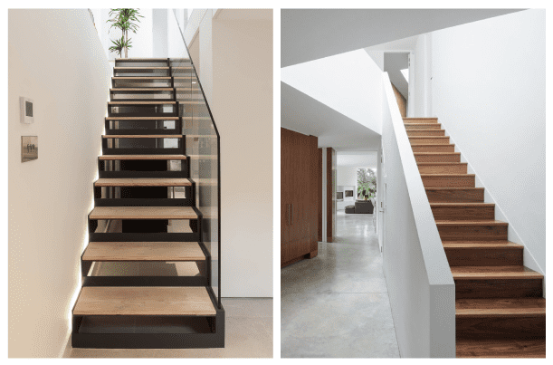 บันไดไม้ทางตรง สีน้ำตาลโทนอ่อนกับเข้ม