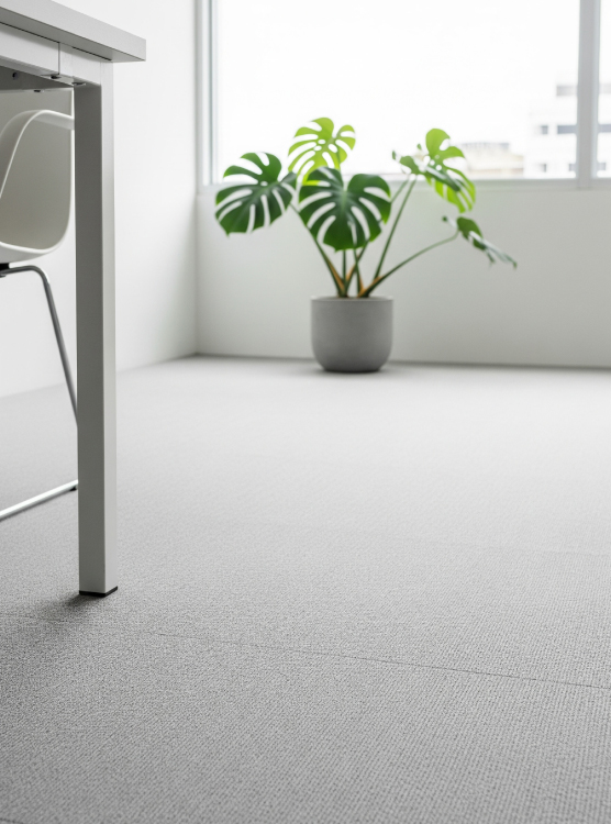 พื้นออฟฟิศสไตล์โมเดิร์นปูด้วยกระเบื้องยางลายพรมสีเทาอ่อน