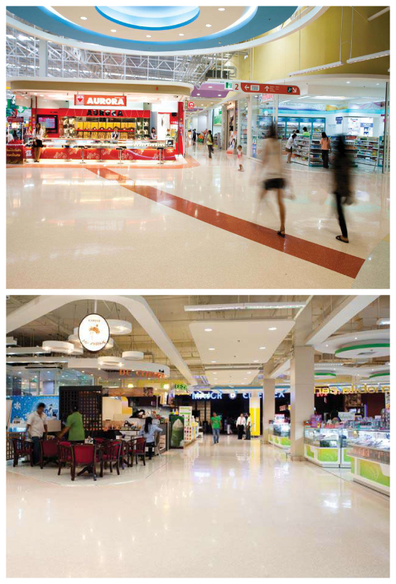 พื้นห้างสรรพสินค้าปูด้วยกระเบื้องยางลายหินขัด