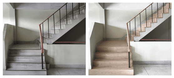 ปูบันไดปูนซีเมนต์ด้วยกระเบื้องยาง