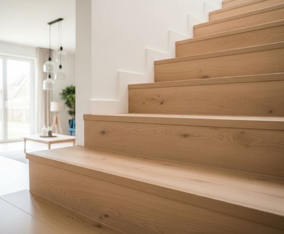 ลามิเนตปูบันไดไม้สีอ่อน ในบ้านสไตล์โมเดิร์น