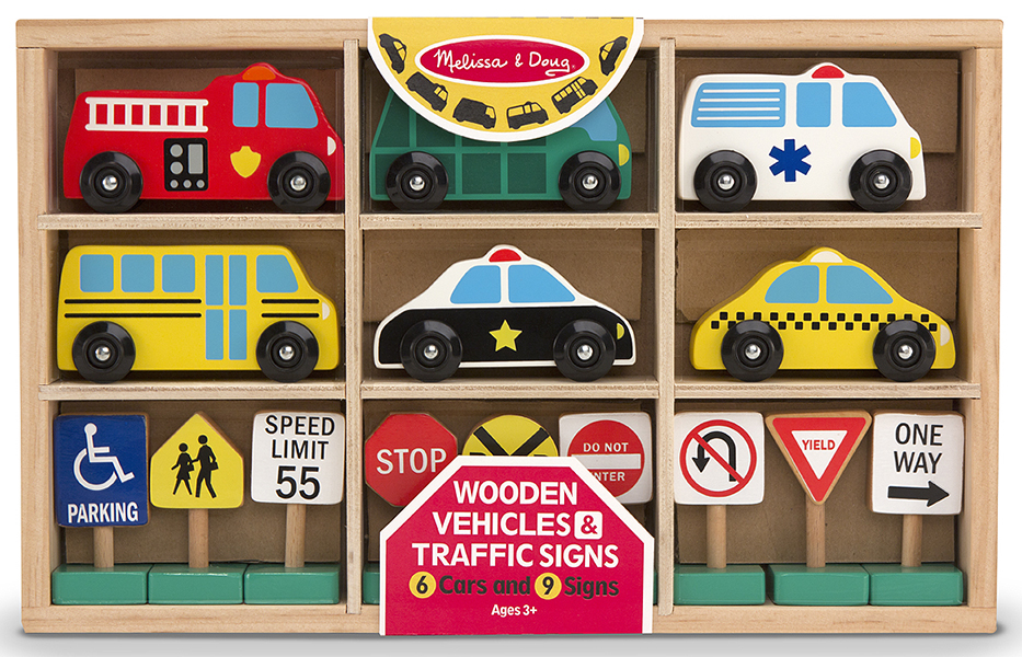 [15ชิ้น] รุ่น 3177 รถของเล่นรุ่นจราจร Melissa & Doug Wooden Vehicles and Traffic Signs รีวิวดีใน Amazon USA รถ 6 คัน เครื่องหมายจราจร 9 อัน พร้อมกล่องไม้