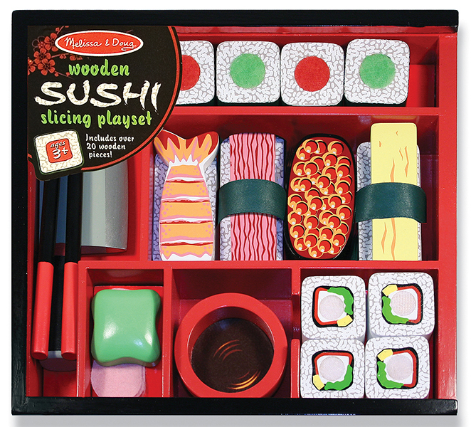 Melissa & Doug รุ่น 2608 Wooden Sushi Slicing Play Set ชุดเล่นซูชิอย่างเหมือนจริง ในชุดมีอุปกรณ์สำหรับทำข้าวปั้น และ อาหารญี่ปุ่นอย่างครบ ส่งเสริมการเล่นสวมบทบาท การเล่นอย่างมีจินตนาการ