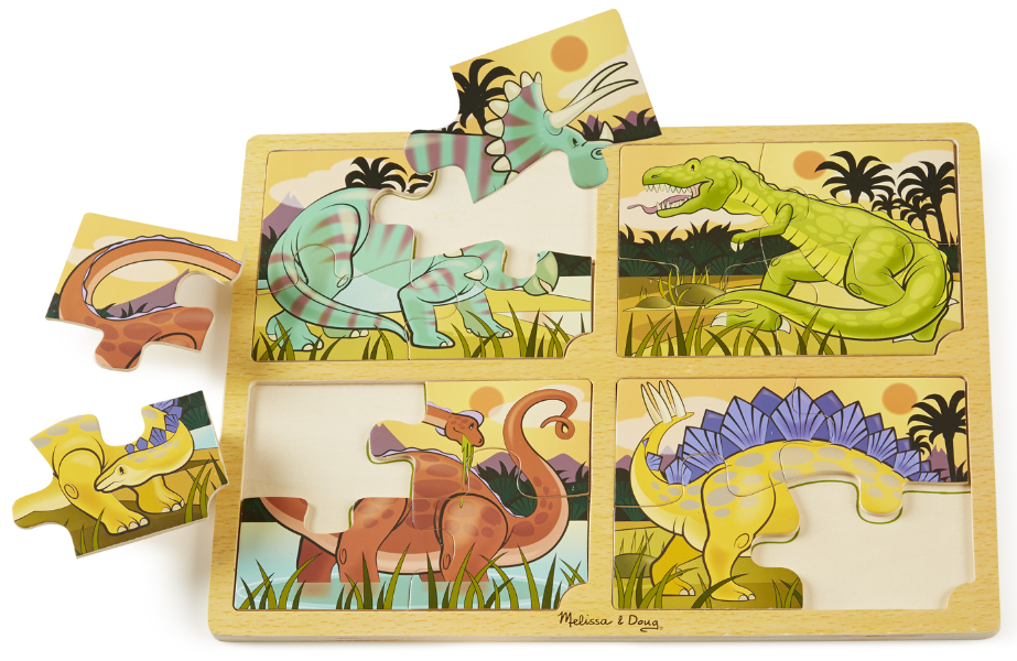 Melissa & Doug รุ่น 9365  พัซเซิล จิ๊กซอ 4 ชิ้น 4 ลาย (16 ชิ้น ) รูปไดโนเสาร์ มาพร้อมกรอบไม้อย่างดี เสริมสร้างสมาธิ  4-in-1 Dinosaur Jigsaw Puzzle 