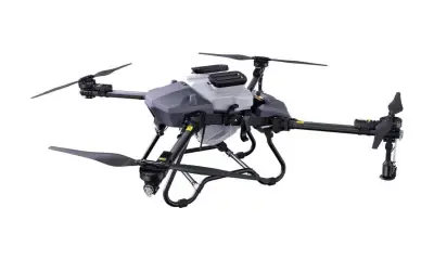 grey and white farming drone with white background