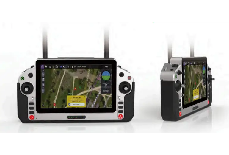 White and black handheld integrated ground station with map  background screen with antenna