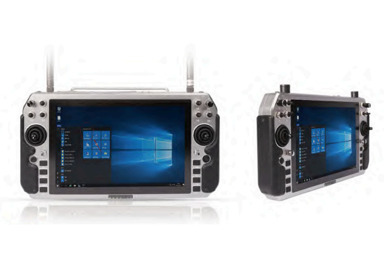 White and black handheld integrated ground station with dark blue background screen 