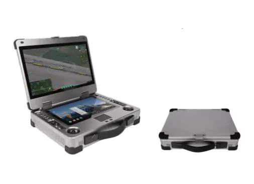 Light gray dual screen ground station shows car and streets in the screen